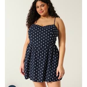 NWT Hollister Women Medium Open-Back Linen-Blend Blue White Polka Dot Mini Dress